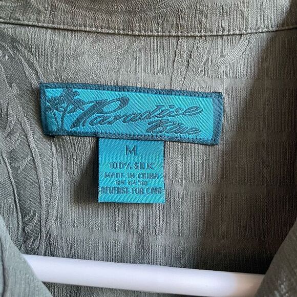 Paradise Blue Mens Luau Camp Button Up Shirt M Sage Green Hawaiian Embroidered - Picture 3 of 7